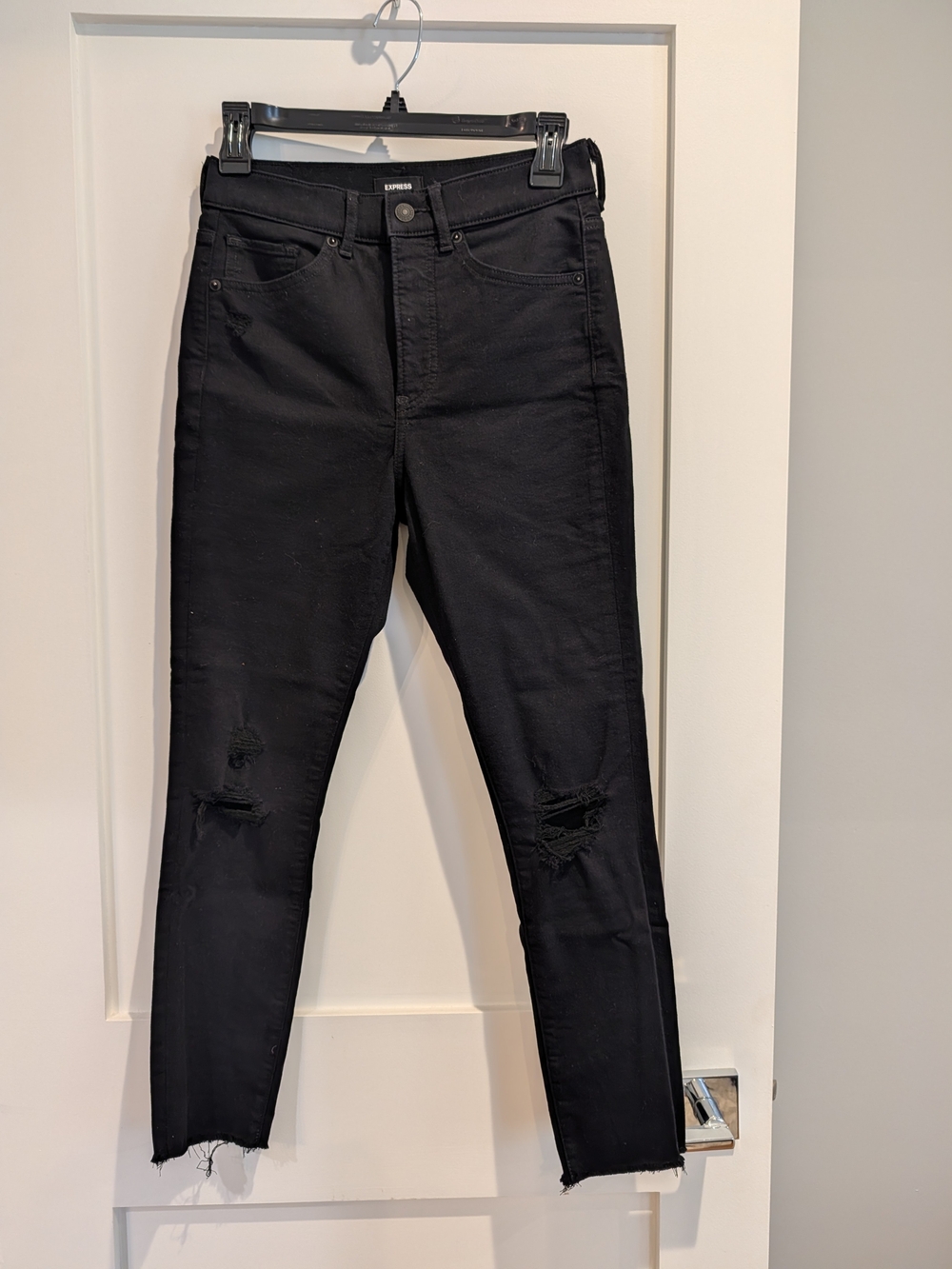 Express Skinny High Rise Jeans Size 0S Black Distressed Raw Hem